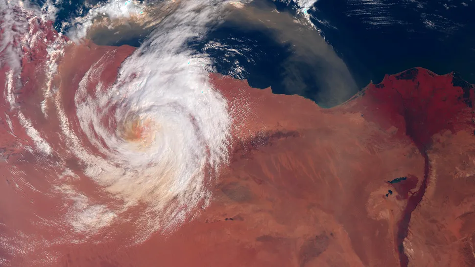 卫星观测罕见的破坏性地中海飓风丹尼尔在撒哈拉沙漠上空盘旋